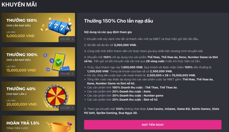 Các quy định quan trọng về khuyến mãi NBET